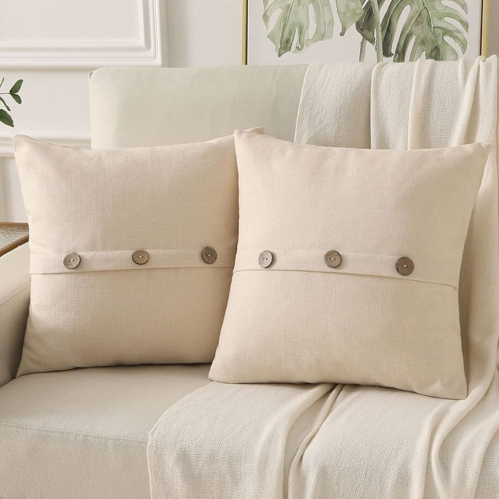 HAUSSY Beige Linen Decorative Throw Pillow Covers 18x18 Inch Set of 2,Square Cushion Case with 3 ... | Amazon (US)