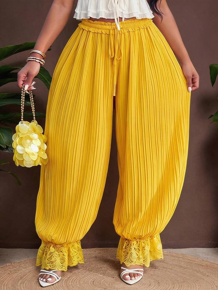 Veslaya Plus Size Women's Mustard Yellow Lantern Pants,Lace Contrast Summer Tropical Vacation Hol... | SHEIN