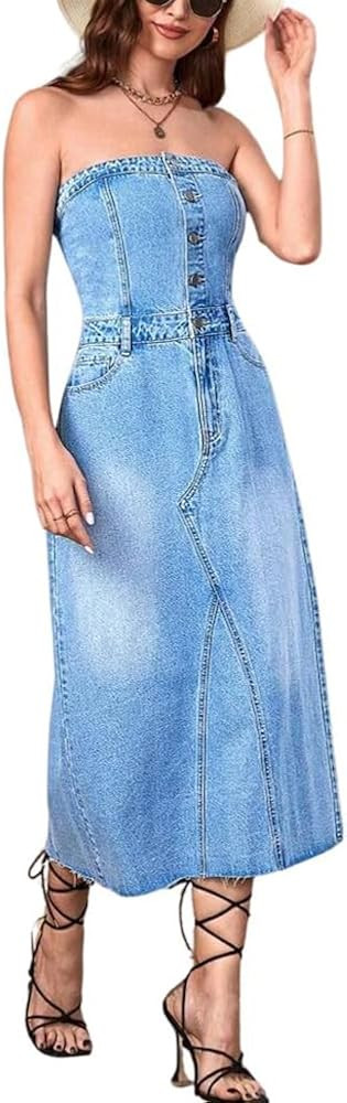 chouyatou Women's Distressed Strapless Bodycon Midi Denim Dress Back Slit Button Up Party Tube Je... | Amazon (US)