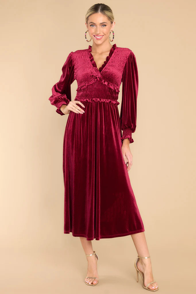 In The Past Burgundy Faux Velvet Midi Dress | Red Dress 