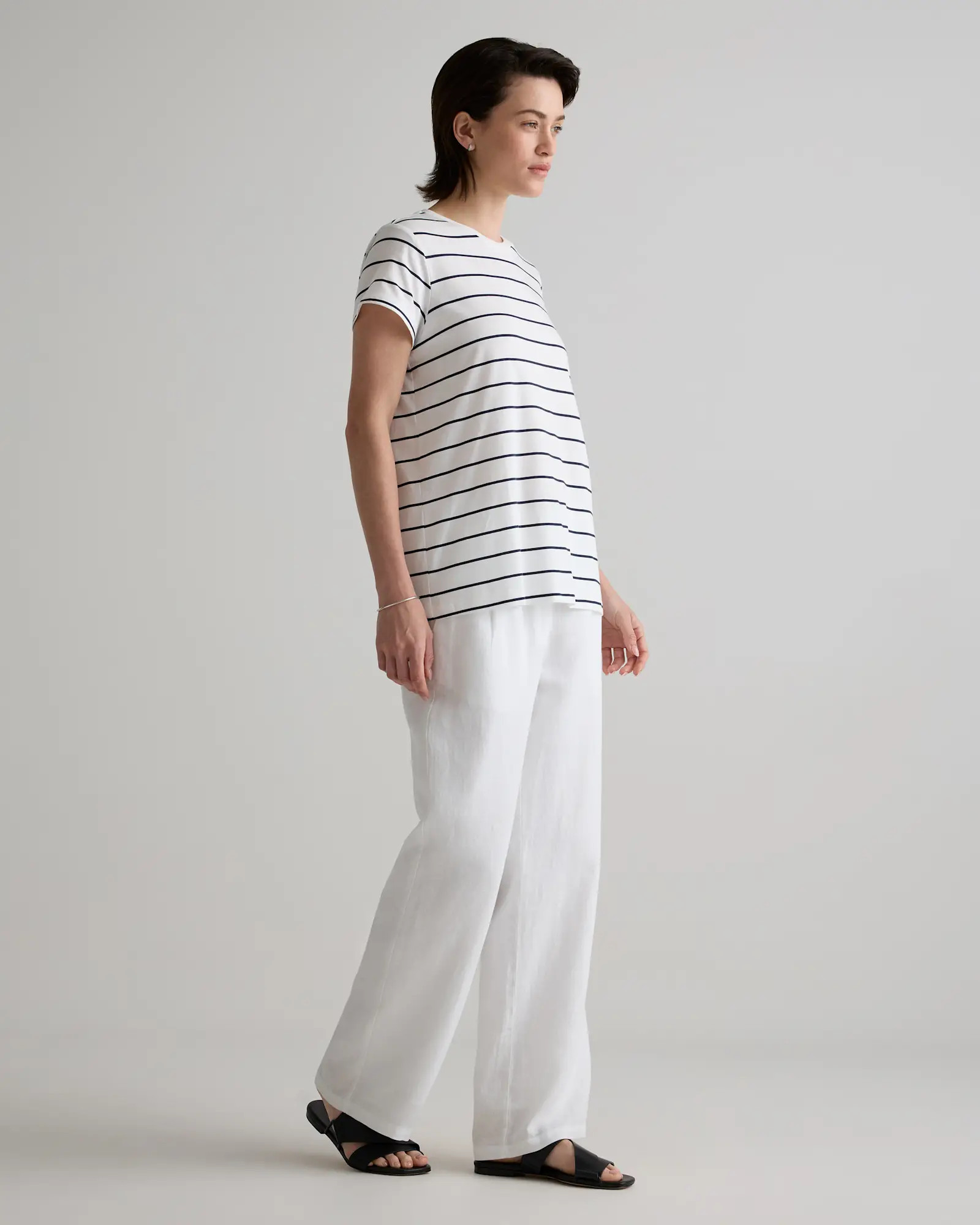 Cotton Modal Crewneck Swing Tee in Ivory/Black Stripe | Quince