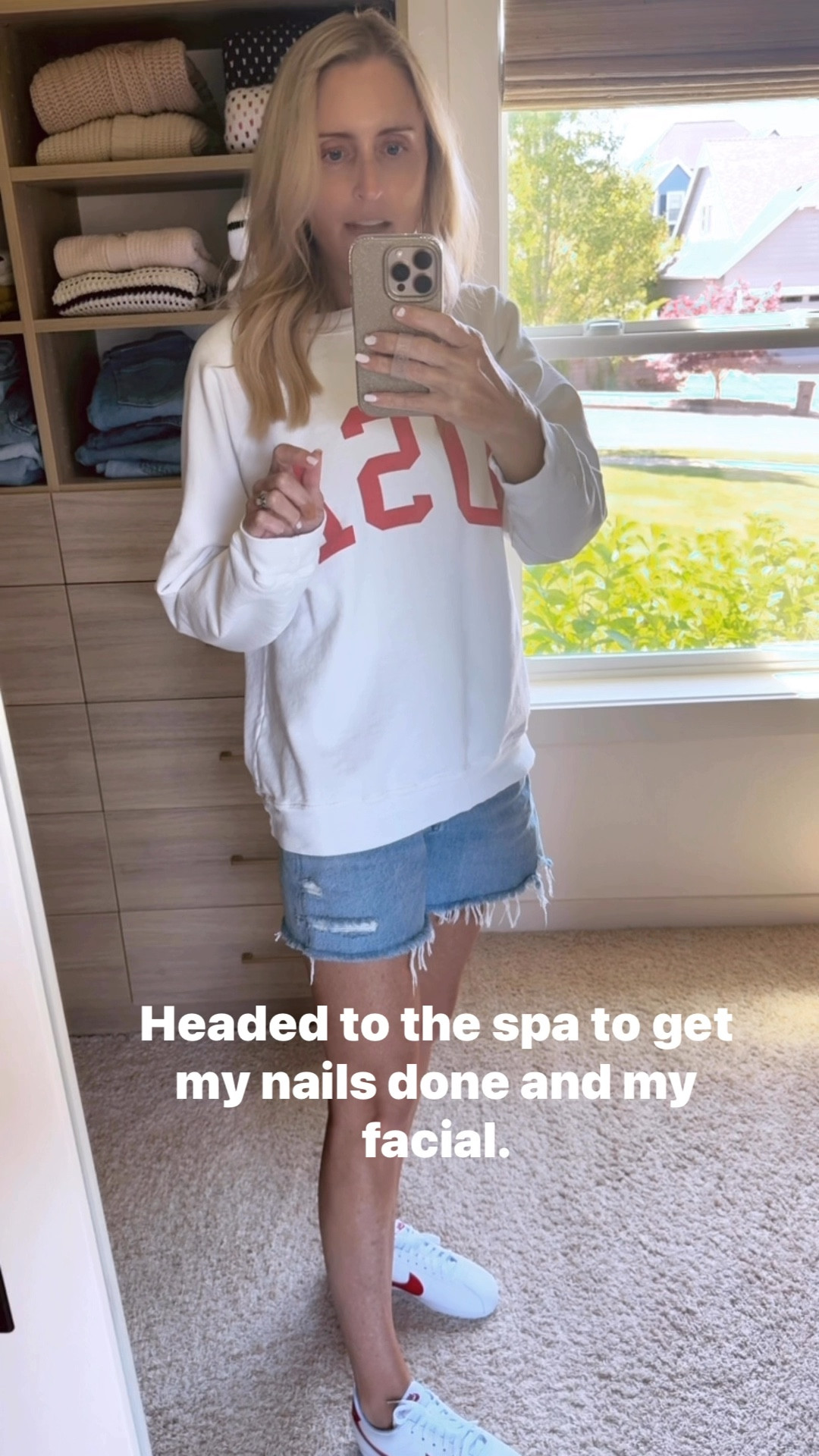 Summer mom outfit, 4th of July outfit, oversized sweatshirt, sneakers. I sized up a 1/2 size in shoes  

#LTKSummerEdit #LTKOver40 #LTKFindsUnder100