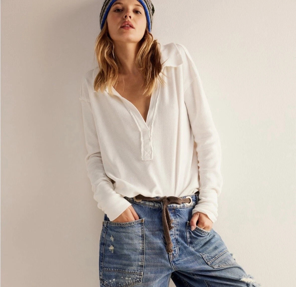 Free People We The Free Anakin Thermal Split Neck Boho Top Ivory Size Medium  | eBay | eBay US