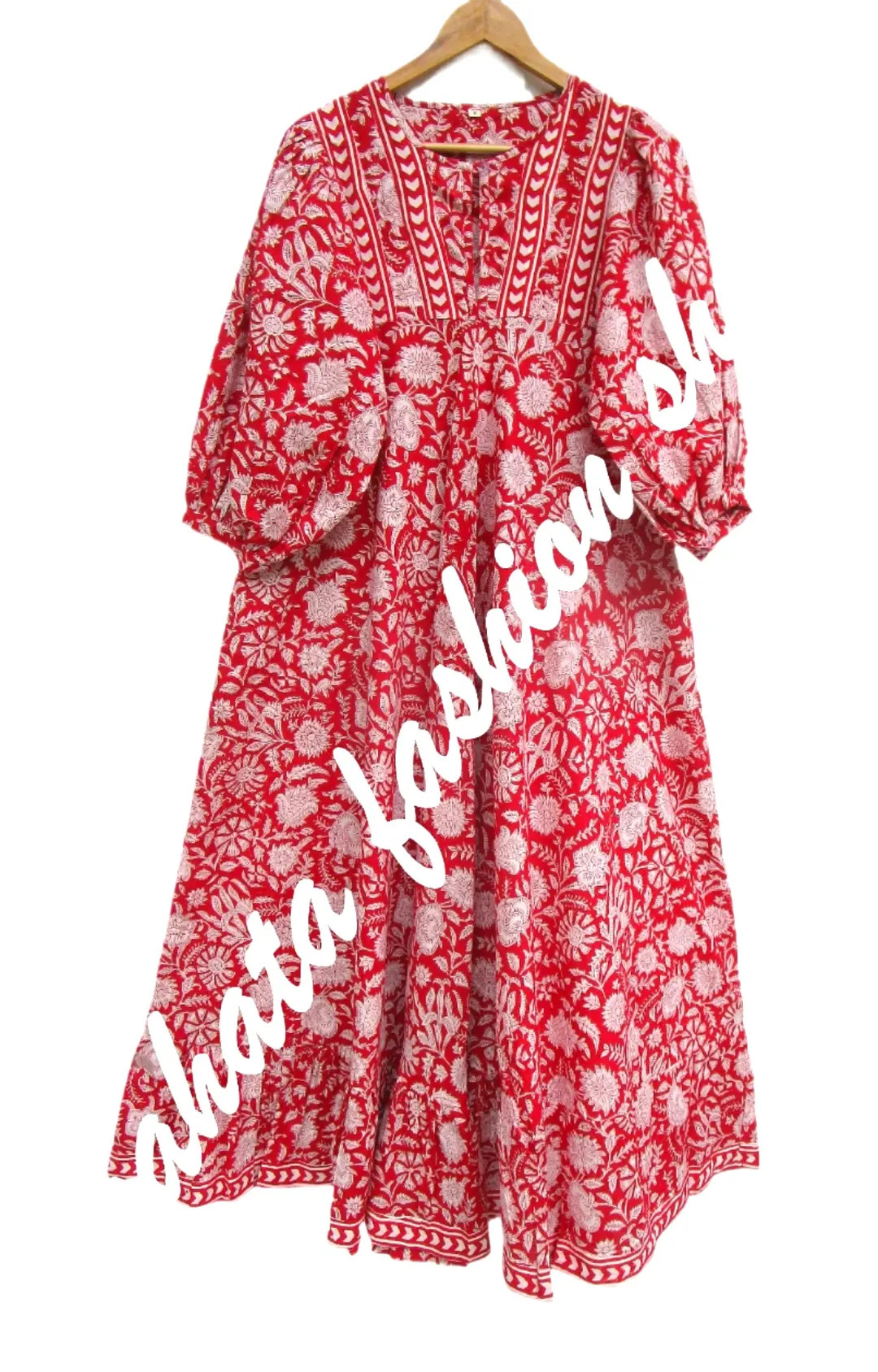Red Floral Printed Cotton Maxi Dress - Henley Neckline With Button Maxi Dress - 3/4th Sleeve With... | Etsy (Global)