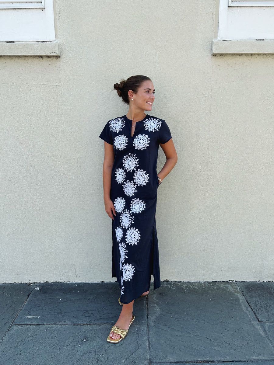 Sara Maxi Dress Short Sleeve Navy with White Embroidery | Madison Mathews