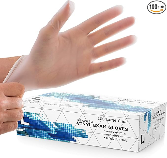Powder Free Disposable Gloves Large -100 Pack -Clear Vinyl Medical Exam Gloves | Amazon (US)