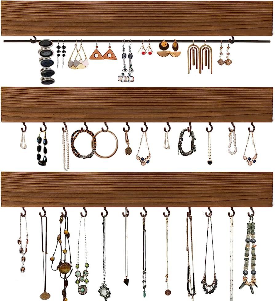 RHF 12in Jewelry Organizer for Wall Set of 3, Rustic Wood & Metal Wall Mount Organizer with 26 Hooks | Amazon (US)