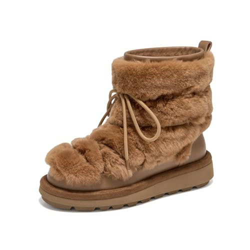 BEAU TODAY Womens Fuzzy Snow Boots, Fluffy Furry Womens Winter Boots, Genuine Warm Fur Lined Platform Mid Calf Ankle Boots, Comfortable Anti Slip Lace Up Outdoor Booties Brown | Amazon (US)