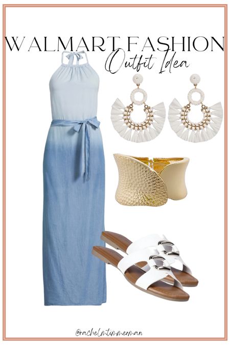 This new Walmart fashion midi dress is such a cute one! I love the ombré blue and halter style. Looks so cute paired with these Walmart accessories. 

Walmart fashion. Walmart finds. LTK under 50. Summer style. 