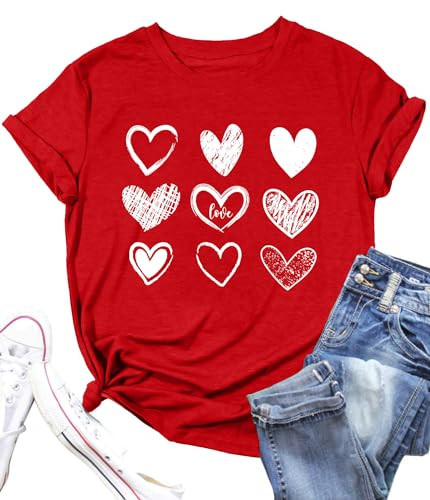 LAZYCHILD Valentines Shirts for Women: Cute Love Heart Shirt Valentine T Shirt Red Short Sleeve Casual Hearts Tops | Amazon (US)