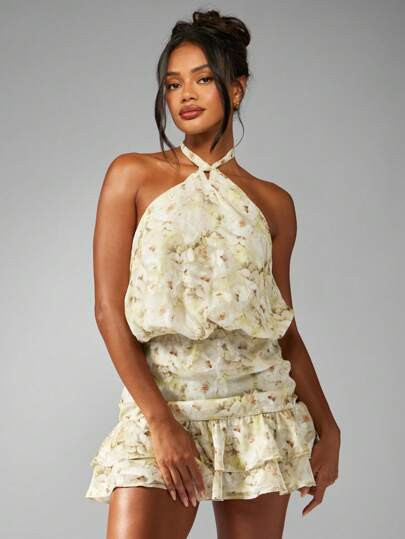 MISSGUIDED Halter Neck Mini Dress Floral Chiffon Summer Party Ruffle Hem Wedding Guest Spring Sun... | SHEIN