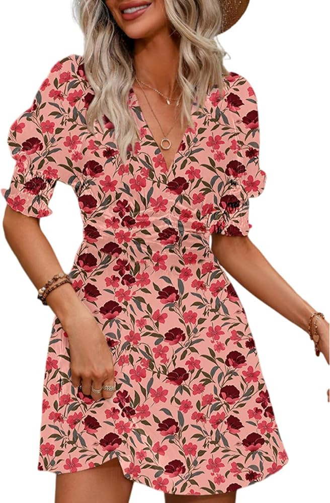 Dokotoo Summer Dresses for Women 2025 Sexy Wrap V Neck Short Puff Sleeve Elegant Floral Smocked W... | Amazon (US)