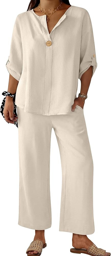 ANRABESS Womens Summer 2 Piece Lounge Sets 3/4 Sleeve V Neck Top Wide Leg Palazzo Pants Set 2026 ... | Amazon (US)