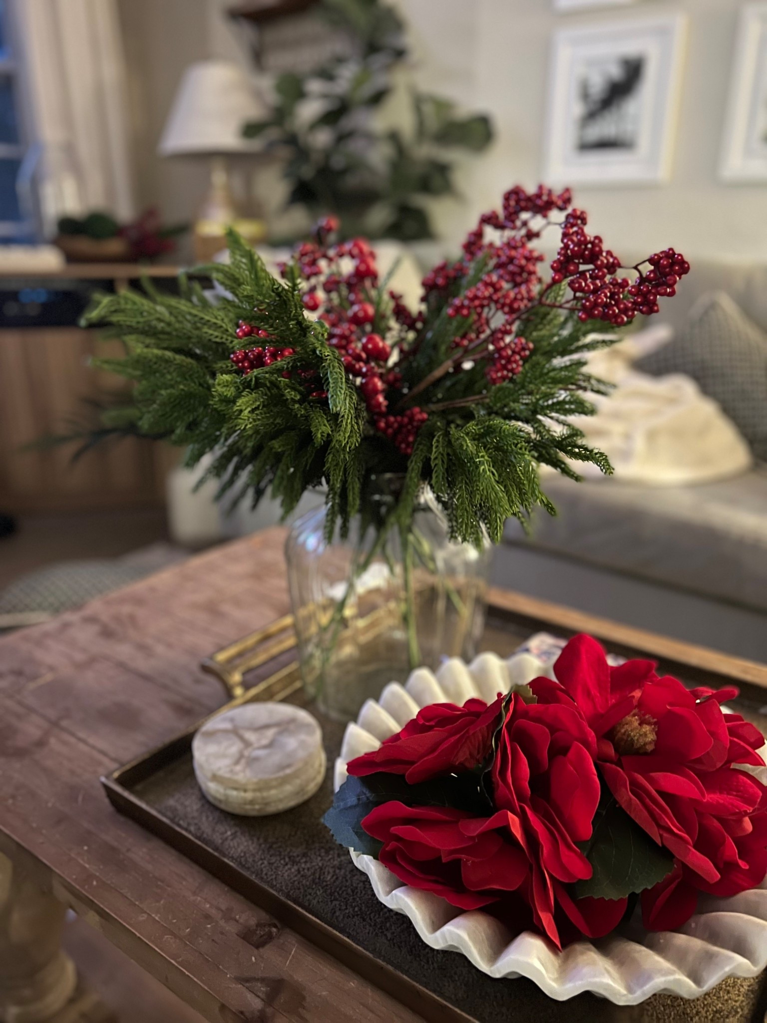 My favorite Amazon Holiday find this season are these gorgeous realistic looking Christmas greenery stems. They come in a pack of 16, 32, 64. I purchased the 16 pack and it’s enough to fill at least two vases depending on your vase size! This seasonal coffee table vignette is made using only half, so 8 stems! I’m going to use the other 8 to use as filler for my fireplace garland. I recommend ordering them now before they sell out. 

#LTKHome #LTKHoliday #LTKSeasonal