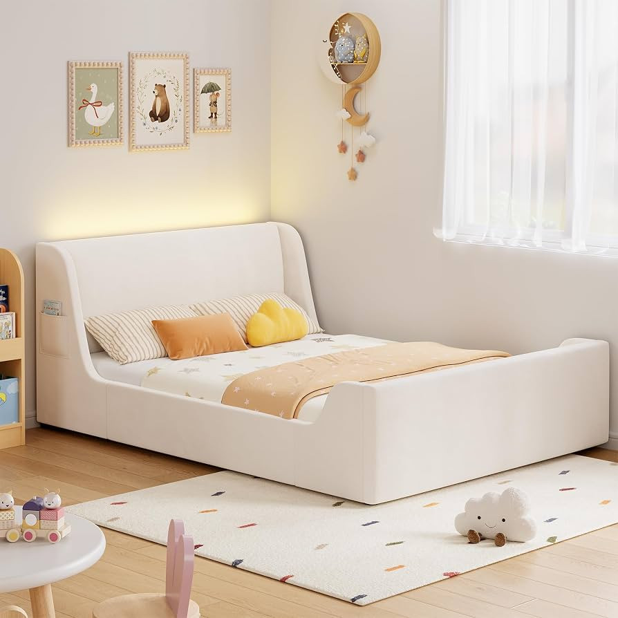 Twin Floor Bed, Velvet Twin Size Bed Frame with LED Wingback Headboard and Curve Design, No Box S... | Amazon (US)