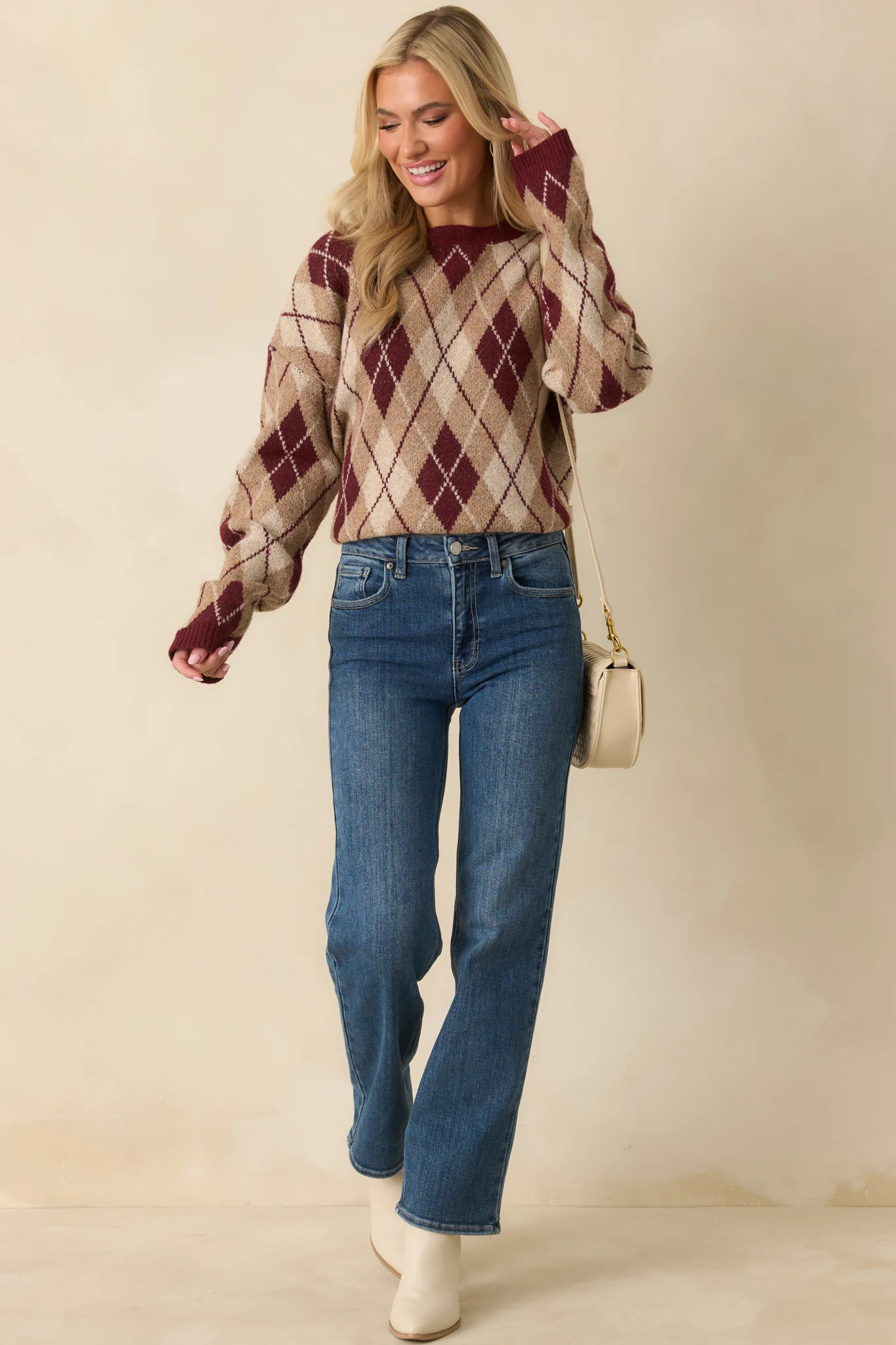 No Place Like Home Burgundy Multi Argyle Knit Sweater | Red Dress