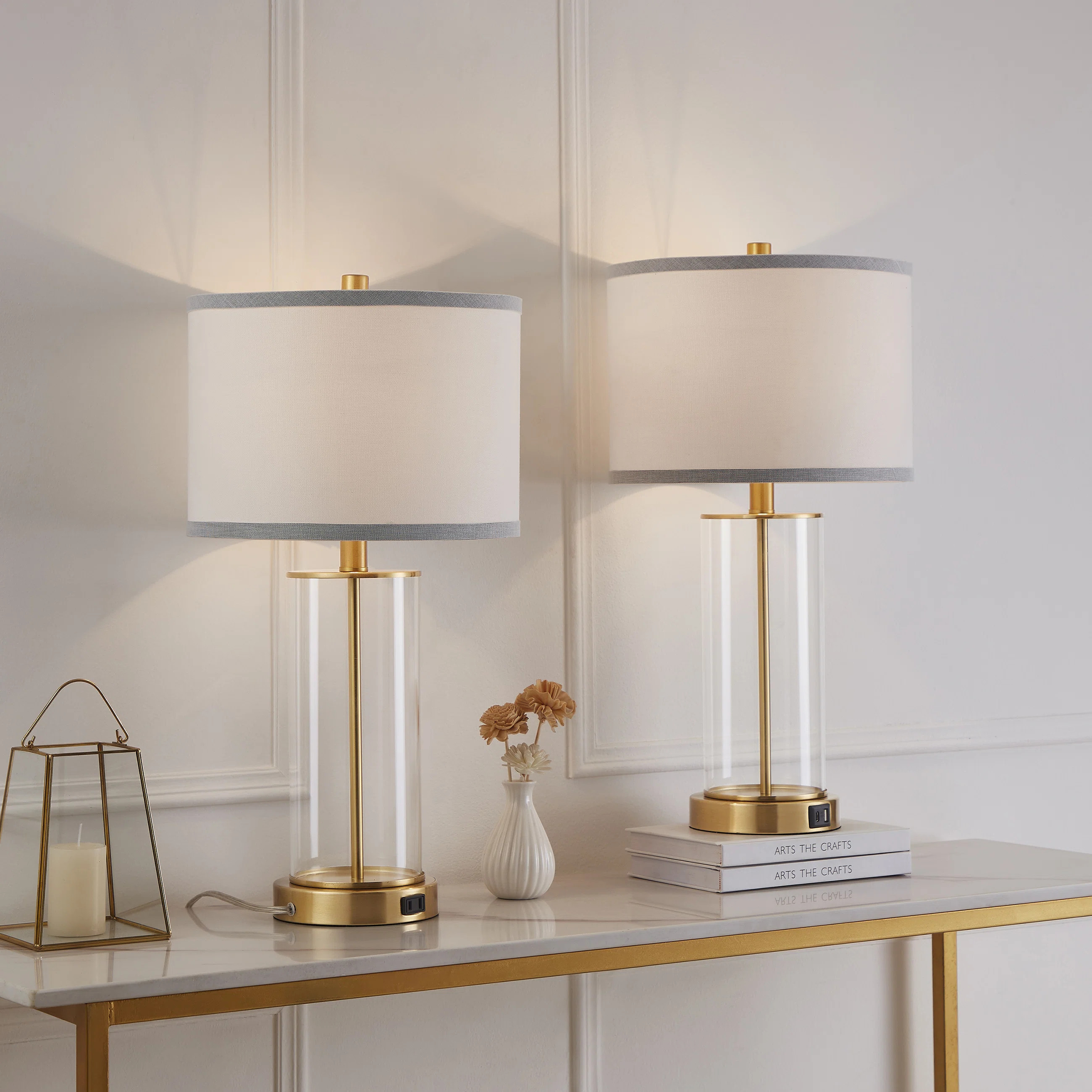 Quinita 23"  Glass Table Lamp Set with Touch Control,  LED Bulbs, USB Ports (Set of 2) | Wayfair North America