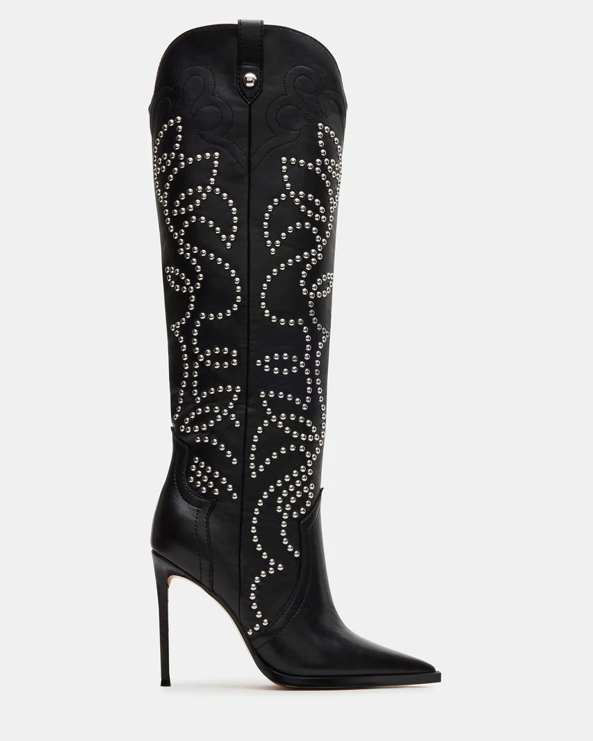TYRANT Black Leather Studs Western Stiletto Boot | Women's Boots | Steve Madden (US)