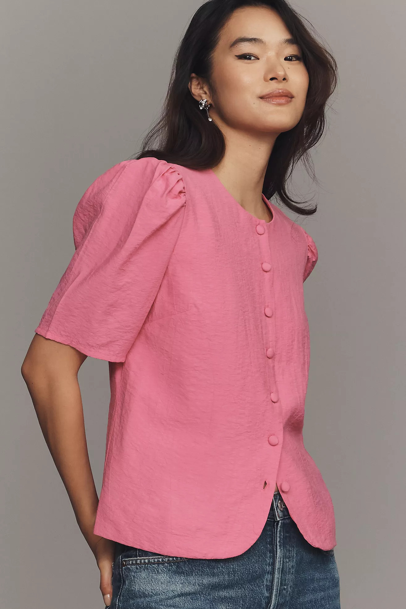 Maeve Puff-Sleeve Button-Front Top | Anthropologie (US)