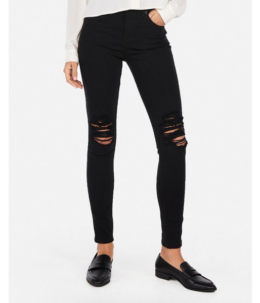 Express Womens Black High Waisted Ripped Knee Stretch Jean Leggings | Express