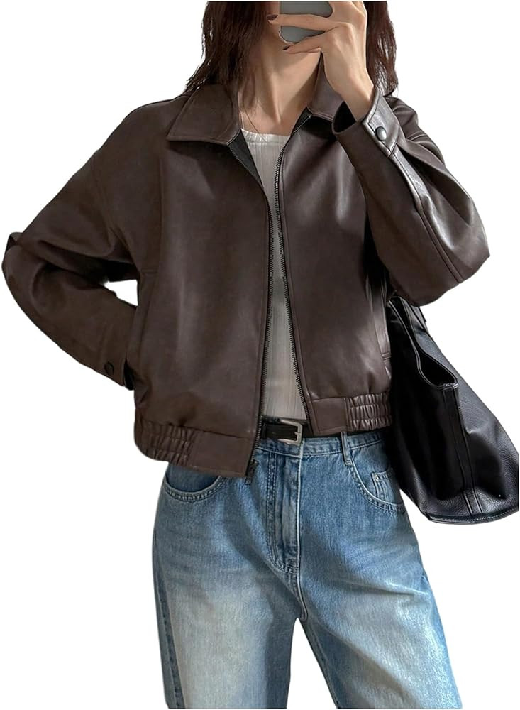 Milumia Women's Faux Leather Zip Up Jacket Vintage Collared Long Sleeve Motorcycle Jackets | Amazon (US)