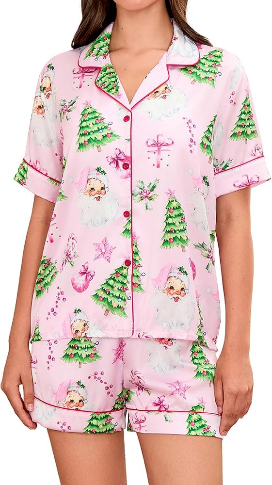 Aonoapll Women Christmas Pajama Set Nutcracker Printed Short Sleeve Button Shirt and Shorts 2 Pie... | Amazon (US)