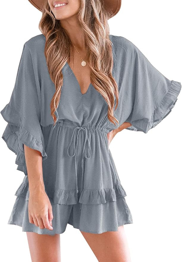 Valphsio Womens V Neck Beach Romper Ruffle Layered Drawstring Waisted Shorts Jumpsuit | Amazon (US)