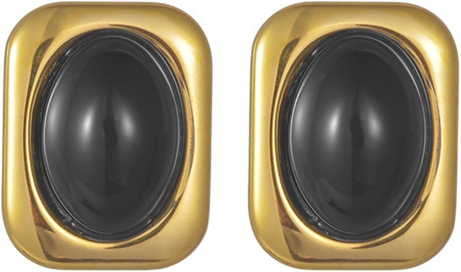 Chunky Gold Earrings Stud for Women Square Black Onyx Stud Earrings Minimalist Statement Earrings... | Amazon (US)