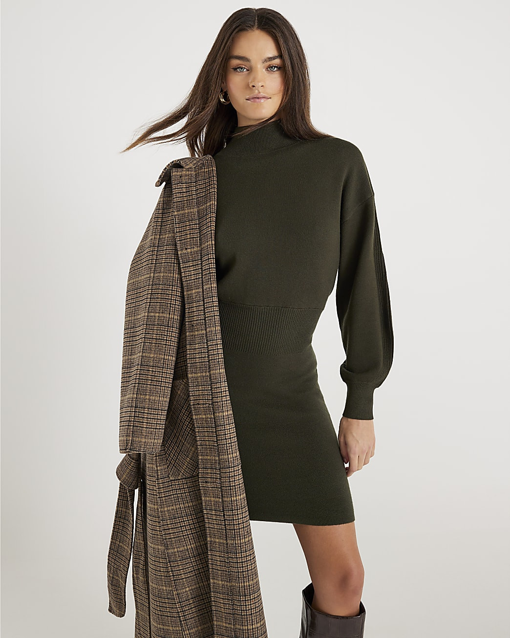 Khaki Knit Fitted Waist Jumper Dress | River Island UK & IE