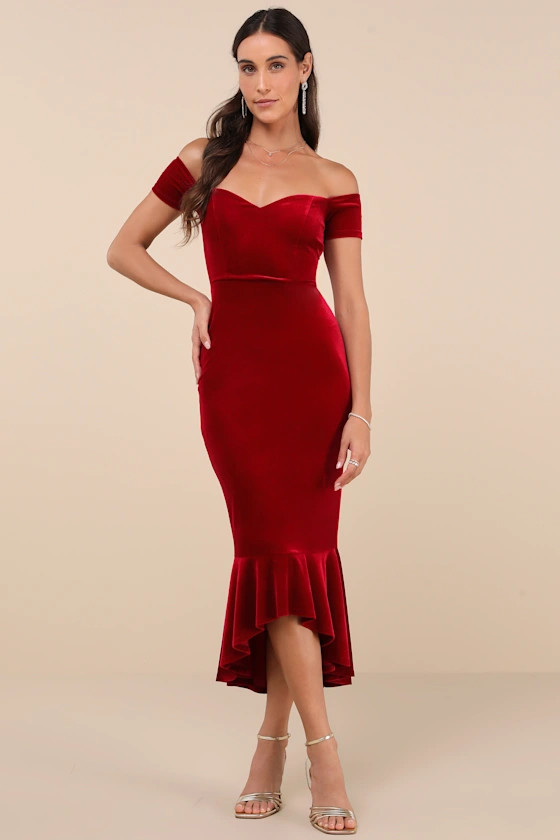 How Much I Care Wine Red Velvet Off-the-Shoulder Midi Dress | Lulus
