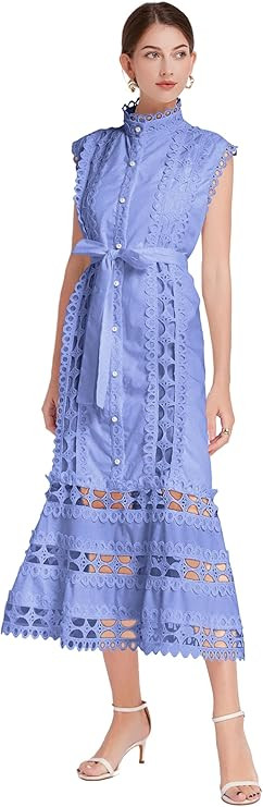 LAI MENG FIVE CATS Women's Sleeveless Hollow Out Lace Button Up Casual Midi Party Dress with Belt | Amazon (US)