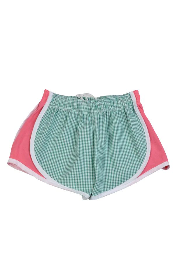 Athletic Shorts - Green Check with Pink Sides | The Frilly Frog