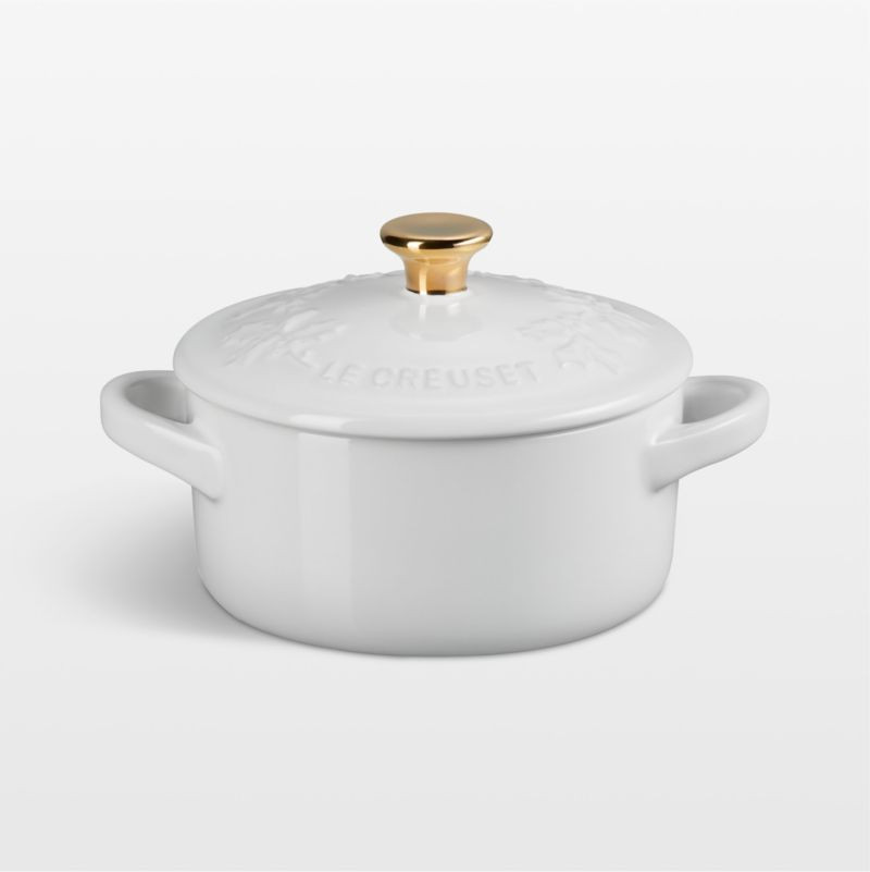 Le Creuset 8 oz. White Holly Mini Round Cocotte with Gold Knob + Reviews | Crate & Barrel | Crate & Barrel