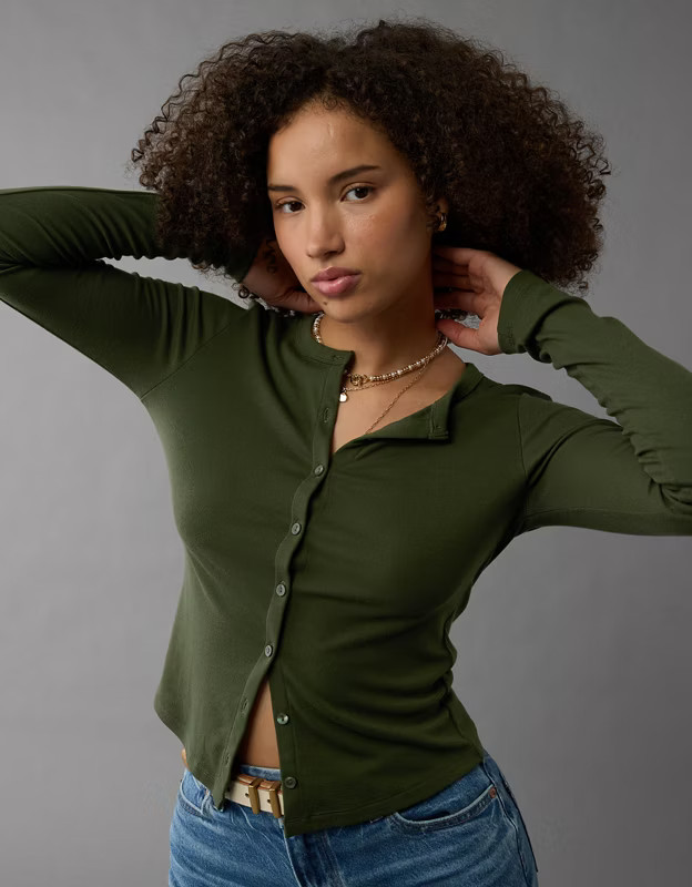 AE Long-Sleeve Button-Up T-Shirt | American Eagle Outfitters (US & CA)