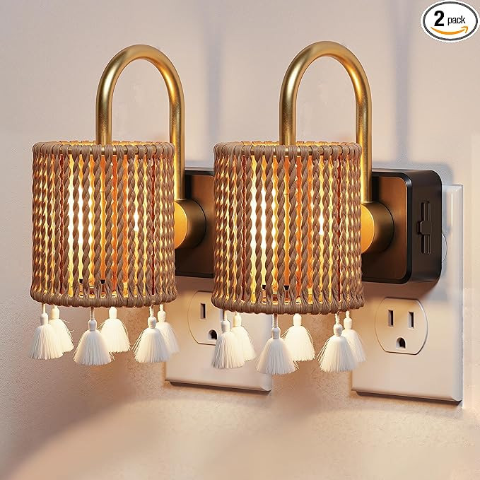 L LOHAS LED Night Lights Plug into Wall, 2 Pack Boho Fabric Cylinder Night Light with Tassel, Dus... | Amazon (US)