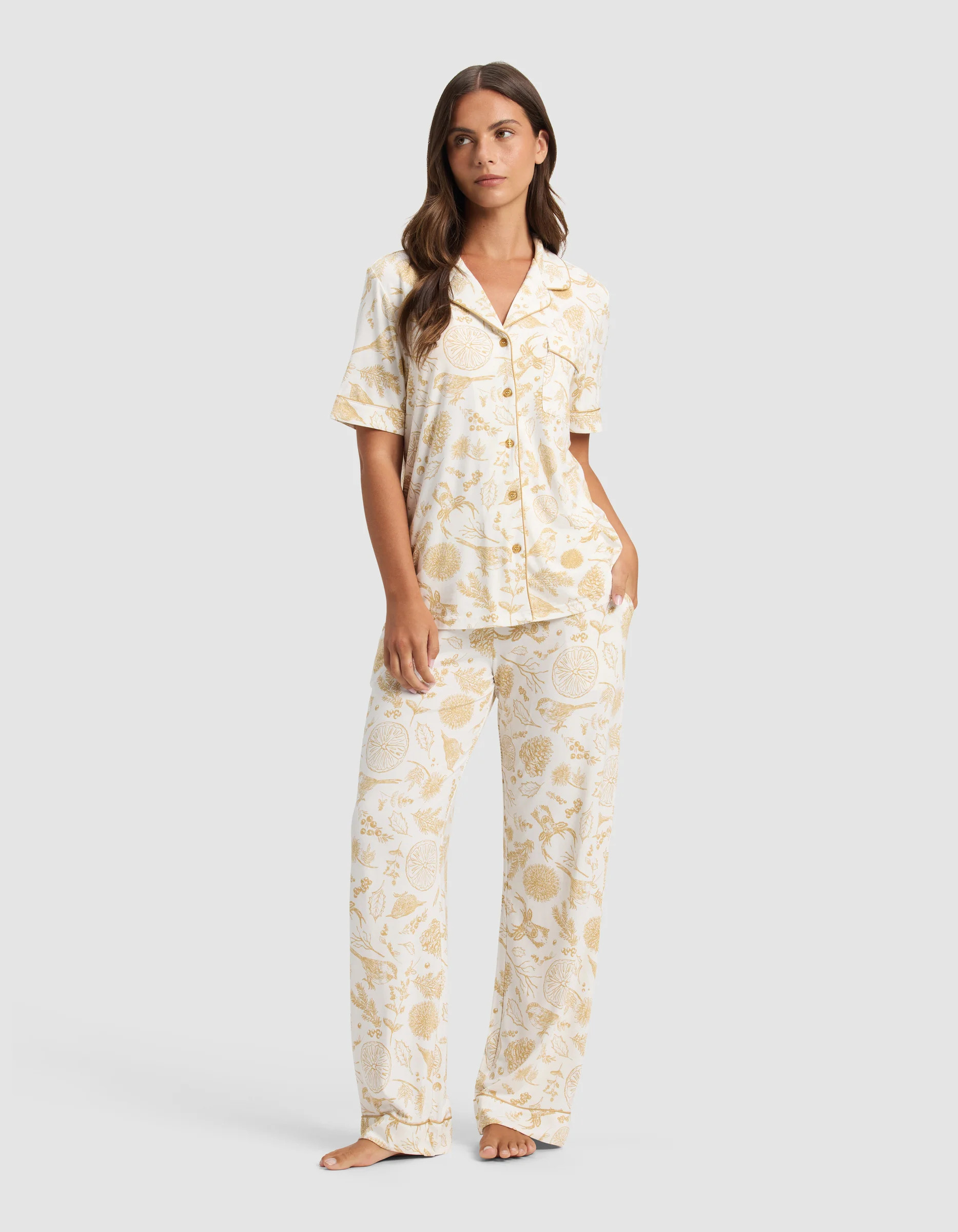 Women's Bamboo Viscose Stretch-Knit Short Sleeve Shirt & Pants Pajama Set - Last Chance in Winter Toile Dijon (Size: 2XL) - Cozy Earth | Cozy Earth