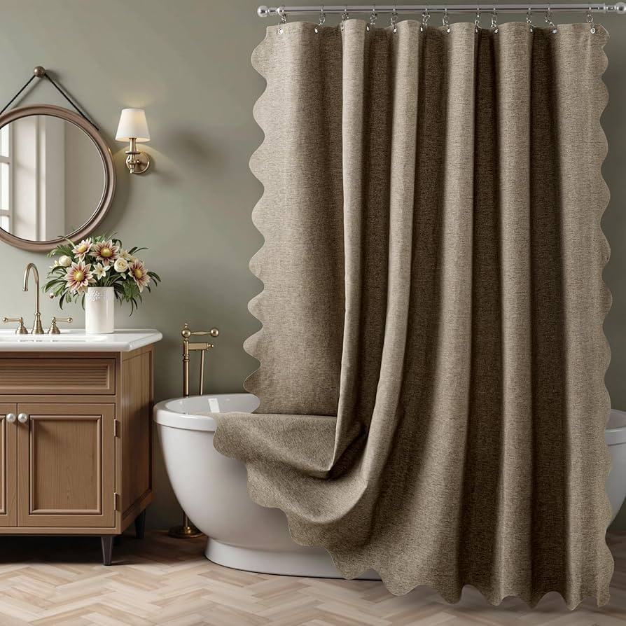Tritard Brown Scalloped Shower Curtain Linen Textured Heavy Duty Waterproof Fabric Shower Curtain... | Amazon (US)