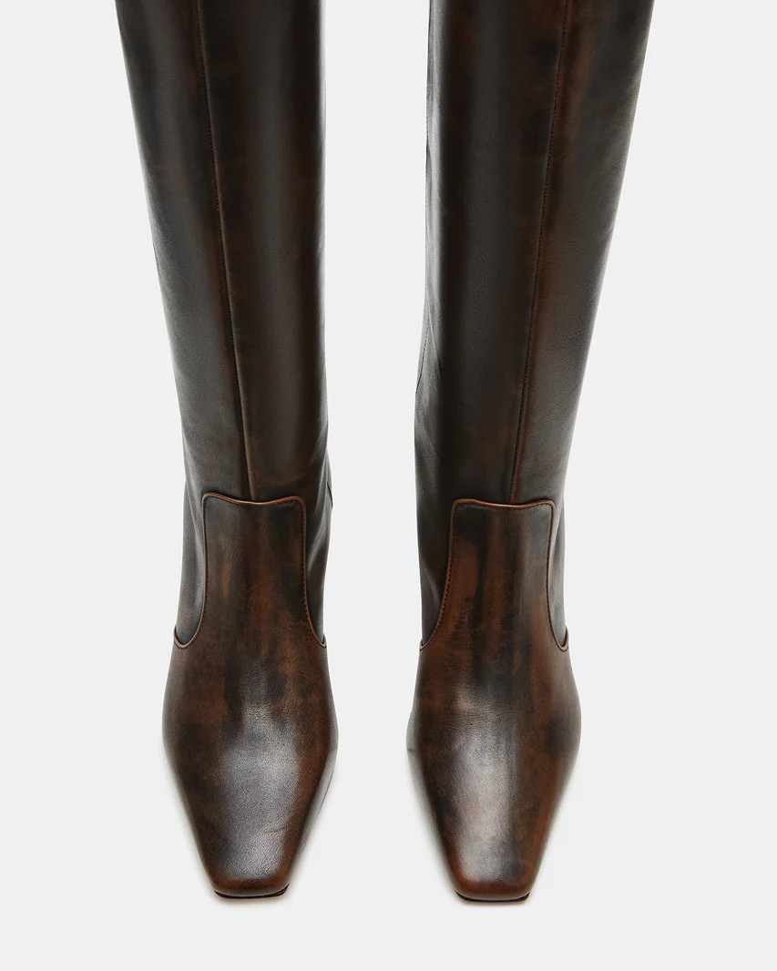 LANDER Brown Distressed Knee-High Kitten Heel Boot | Women's Boots | Steve Madden (US)