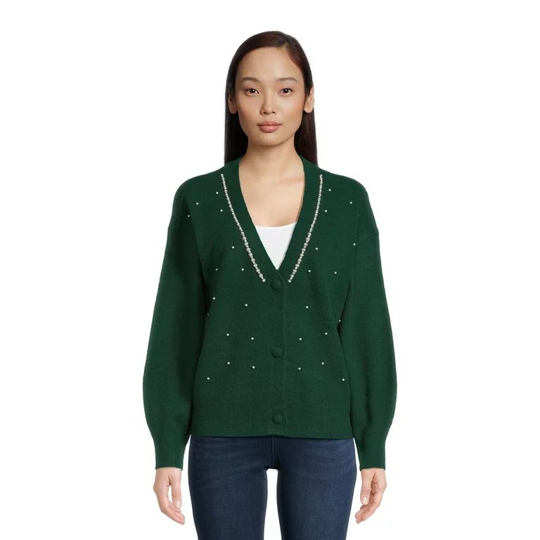 99 Jane Street Women's V-Neck Embellished Button Front Cardigan with Long Sleeves, Sizes S-3XL - ... | Walmart (US)
