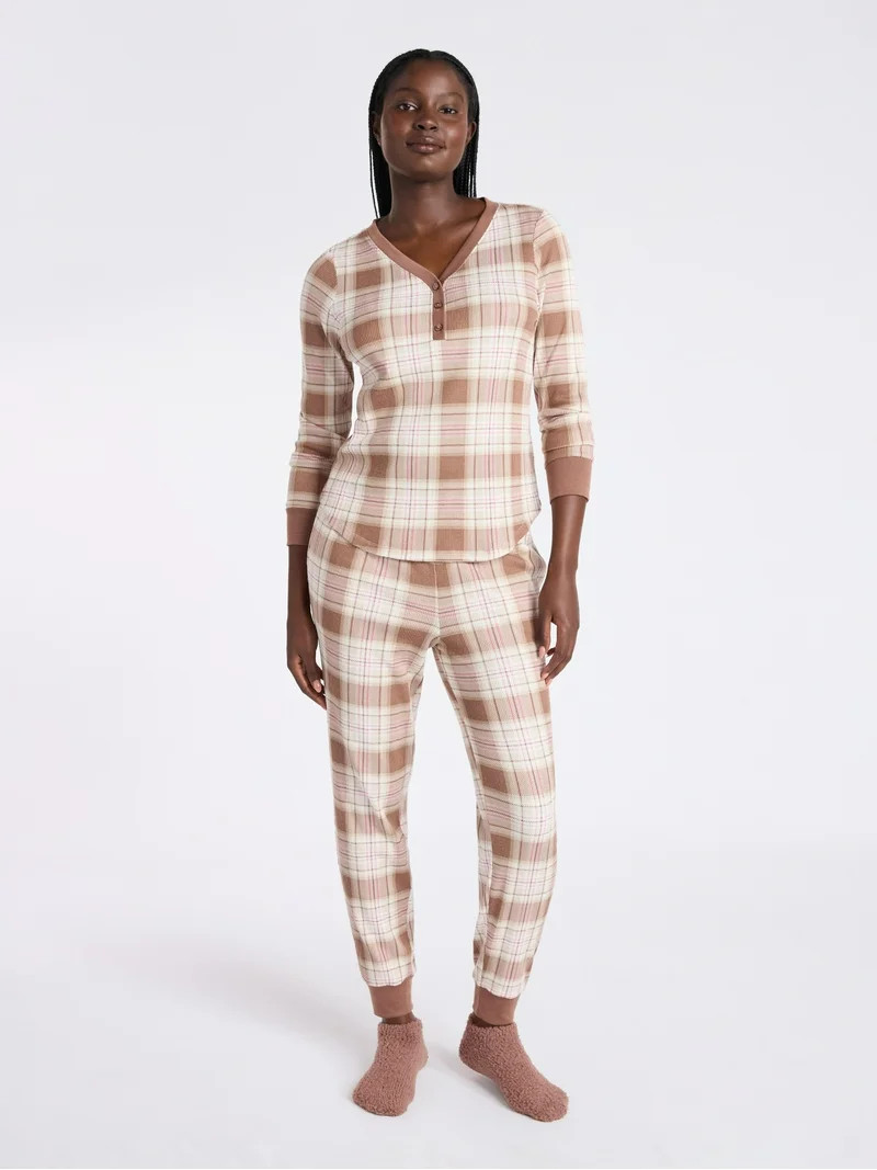 Joyspun Women's Waffle Knit Henley Sleep Top, Joggers and Socks Pajama Set, 3-Piece, Sizes XS-3X | Walmart (US)