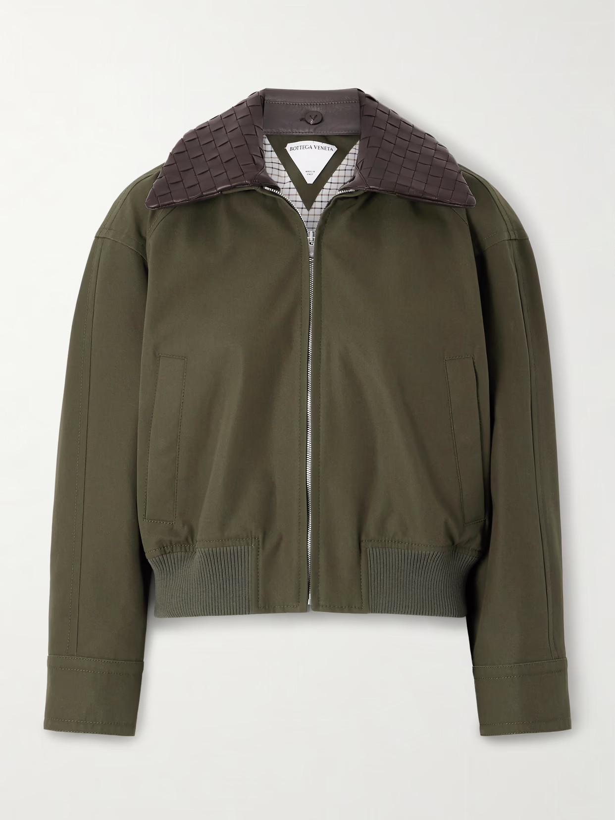 Bottega Veneta - Intrecciato Leather-trimmed Cotton-twill Jacket - Green | NET-A-PORTER (US)