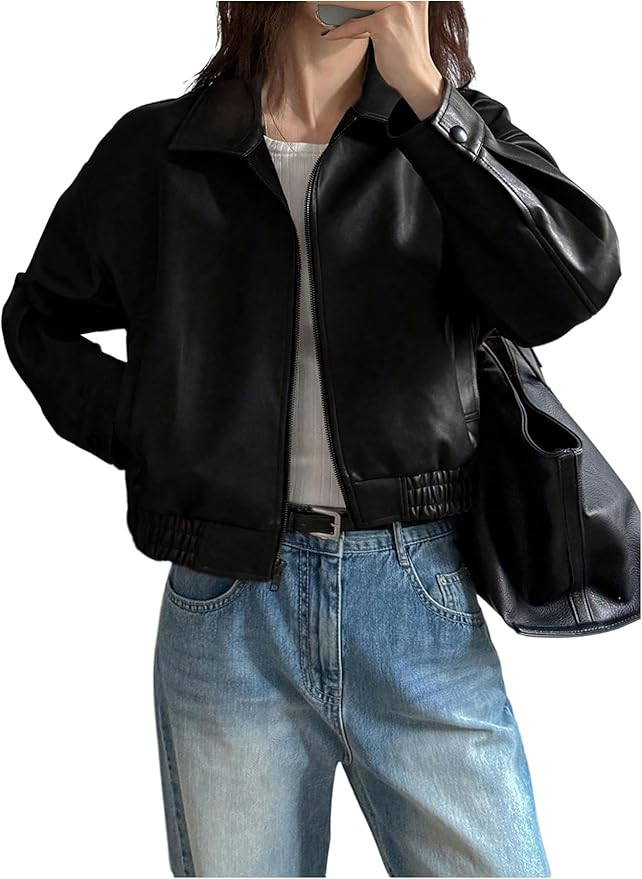 Milumia Women's Faux Leather Zip Up Jacket Vintage Collared Long Sleeve Motorcycle Jackets | Amazon (US)