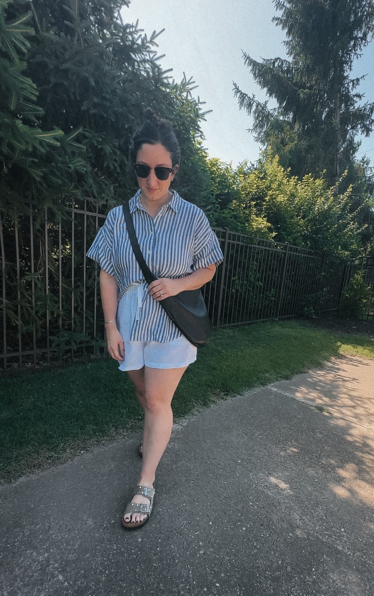 Easy, breezy, linen love 🤍☀️
Summer days call for loose layers, lightweight fabrics, and a little bit of shade.

Wearing my favorite striped linen button-down + white linen shorts combo — the ultimate uniform for beating the heat in style. Add comfy sandals and a crossbody, and you’re ready for errands, patio hangs, or chasing after little ones.

Here’s to breathable fabrics and sun-dappled sidewalks. #LinenSeason #SummerStyle #MomStyle #EffortlessOutfits #OOTD 

#LTKStyleTip #LTKFindsUnder100 #LTKSummerEdit