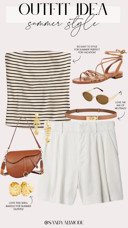 Elevated casual summer outfit idea | summer style | chic summer outfit idea | tailored linen shorts | striped strapless top | Amazon saddle bag | Amazon designer inspired belt | Amazon cognac strappy sandals | Amazon designer inspired sunglasses | gold summer earrings | gold shell bracelet 

#LTKSeasonal #LTKStyleTip #LTKFindsUnder100