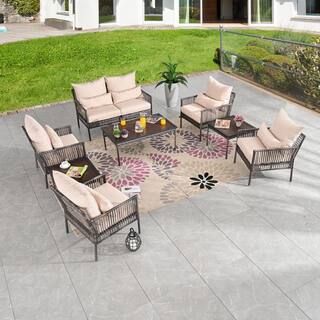 Patio Festival 9-Piece Wicker Outdoor Conversation Set with Beige Cushions PF21161X4-162-163-267X... | The Home Depot