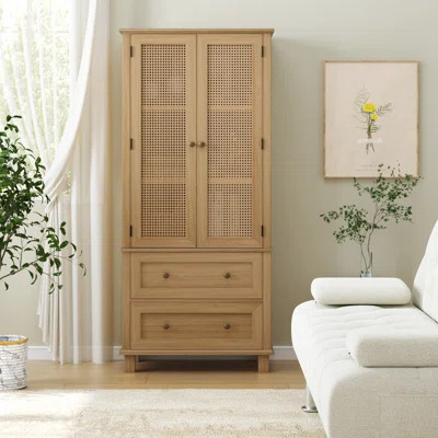 ON SALE Wooden Accent Cabinets with Cabinet and 2 Drawers, Tall Rectangle Locker With Faux Rattan And Faux Solid Wood Surface, Mid-Century Modern Whit | Wayfair North America