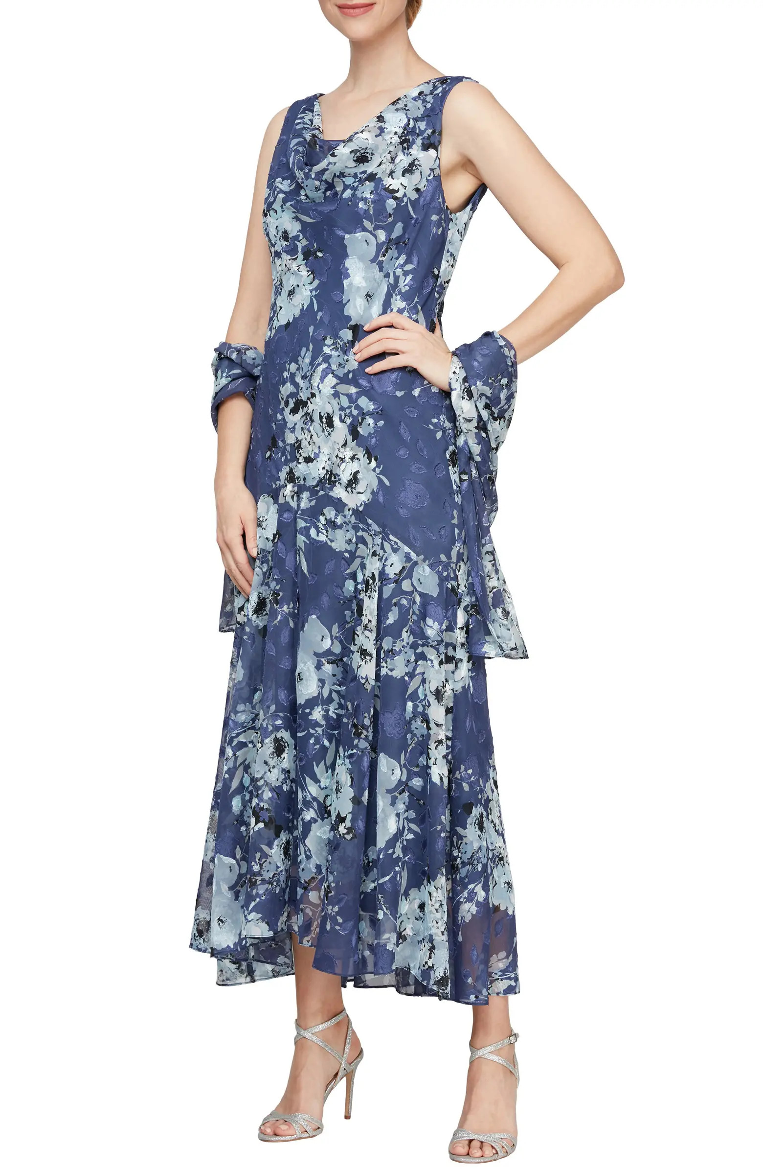 Print Cowl Neck Maxi Dress with Shawl | Nordstrom