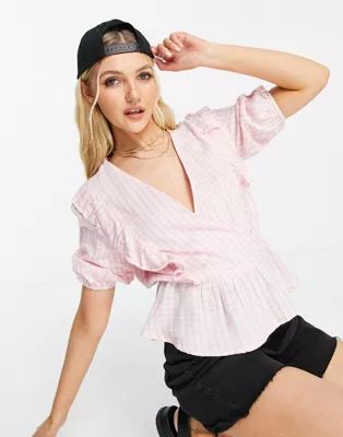 New Look ruffle wrap blouse in pink gingham | ASOS (Global)