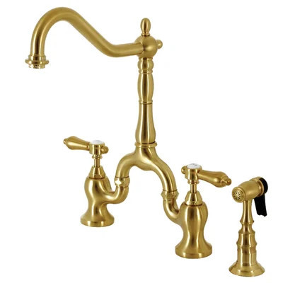 Kingston Brass Heirloom Two-Handle 3-Hole Deck Mount Bridge Kitchen Faucet with Brass Side Sprayer | Wayfair North America