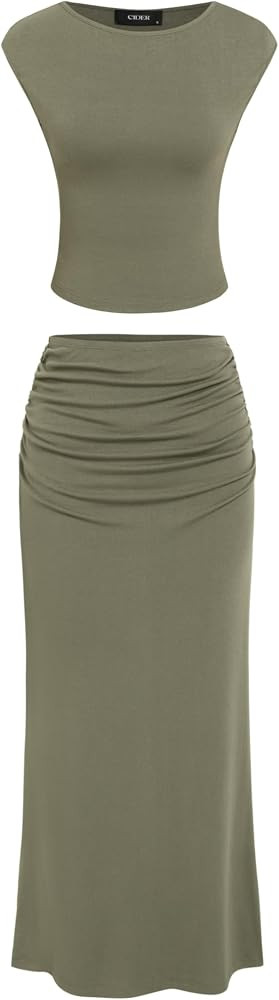 CIDER Summer Outfits For Women Solid Tank Top Ruched Bodycon Maxi Skirt Casual Crew Neck Mid Wais... | Amazon (US)
